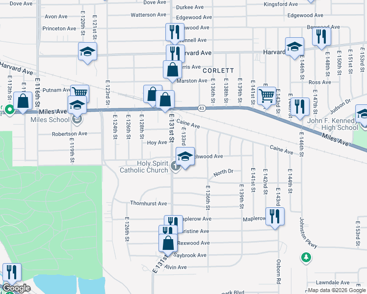 map of restaurants, bars, coffee shops, grocery stores, and more near 4266 East 134th Street in Cleveland