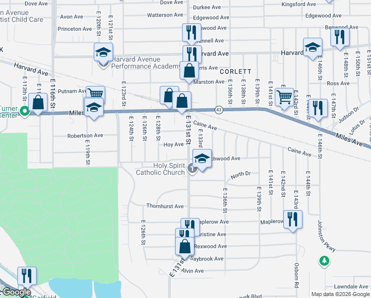 map of restaurants, bars, coffee shops, grocery stores, and more near 4263 East 131st Street in Cleveland