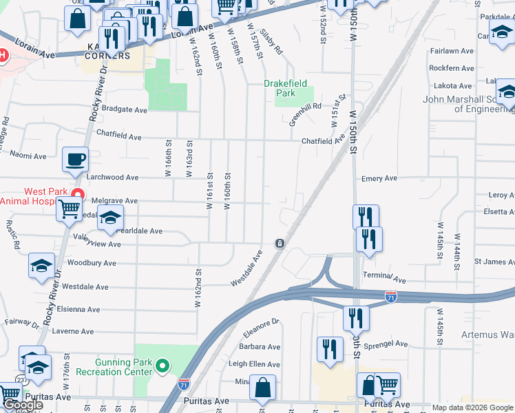 map of restaurants, bars, coffee shops, grocery stores, and more near 4081 West 157th Street in Cleveland