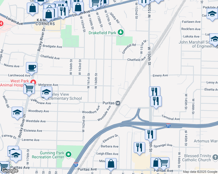 map of restaurants, bars, coffee shops, grocery stores, and more near 4081 West 157th Street in Cleveland
