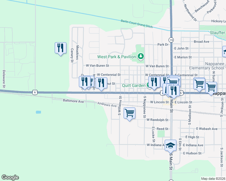 map of restaurants, bars, coffee shops, grocery stores, and more near 757 W Walnut St in Nappanee