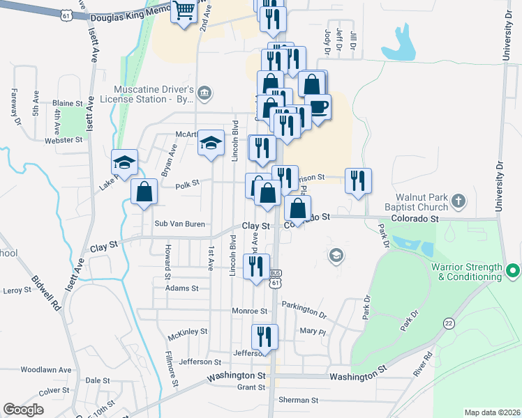 map of restaurants, bars, coffee shops, grocery stores, and more near 1612 Grand Avenue in Muscatine