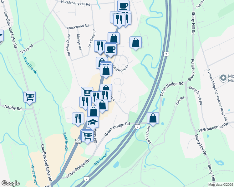 map of restaurants, bars, coffee shops, grocery stores, and more near 102 Homestead Lane in Brookfield
