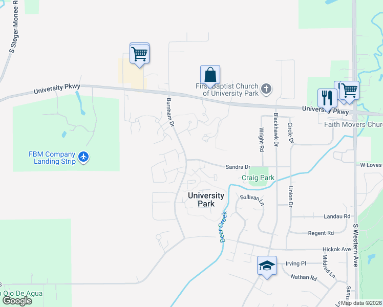map of restaurants, bars, coffee shops, grocery stores, and more near 828 Sandra Drive in University Park