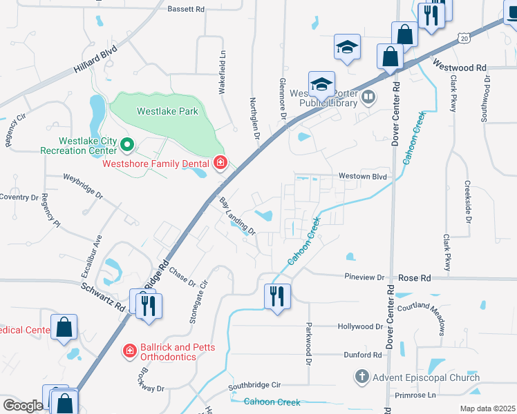 map of restaurants, bars, coffee shops, grocery stores, and more near 2910 North Bay Drive in Westlake