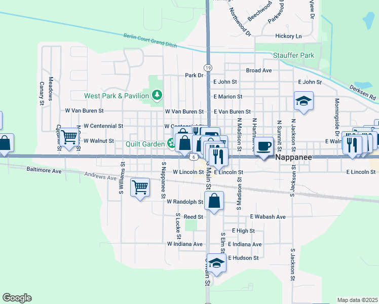 map of restaurants, bars, coffee shops, grocery stores, and more near 199 North Clark Street in Nappanee