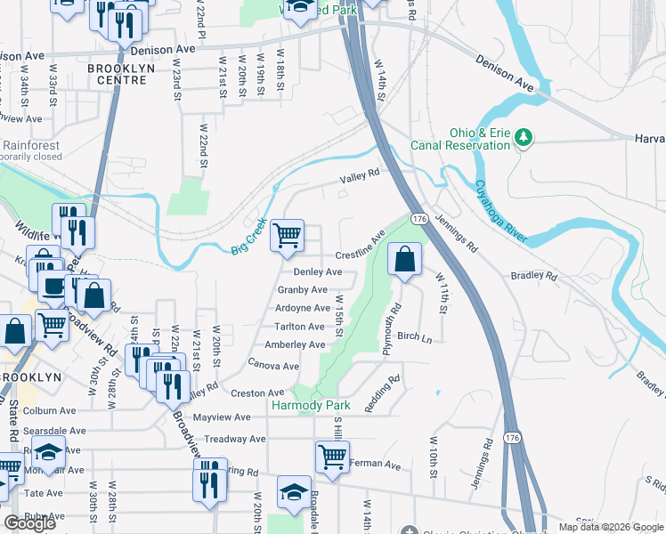map of restaurants, bars, coffee shops, grocery stores, and more near 4040 Crest Drive in Cleveland