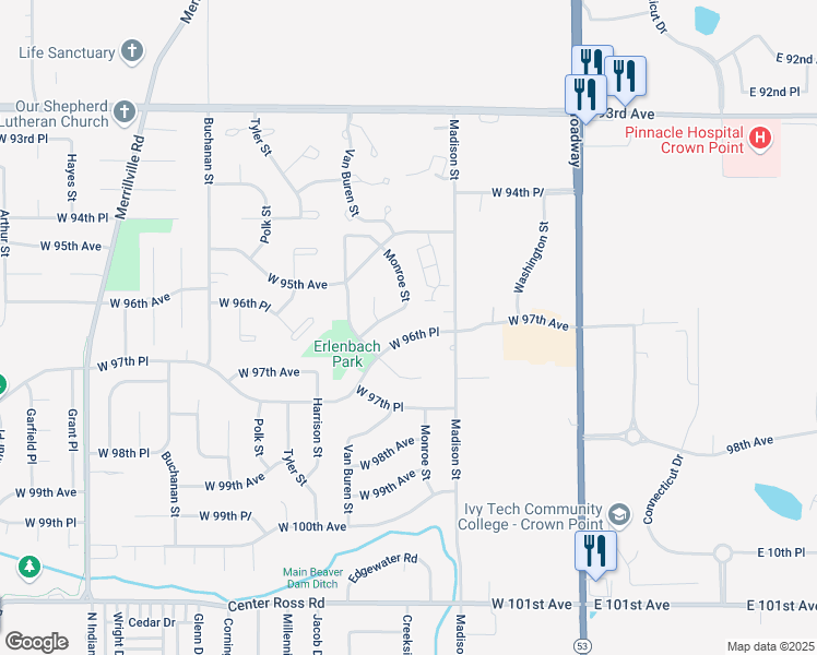 map of restaurants, bars, coffee shops, grocery stores, and more near 1231 West 96th Lane in Crown Point