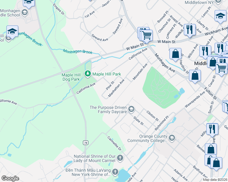 map of restaurants, bars, coffee shops, grocery stores, and more near 15-17 Manhattan Avenue in Middletown