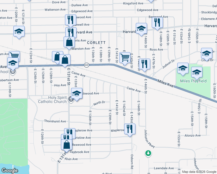 map of restaurants, bars, coffee shops, grocery stores, and more near in Cleveland