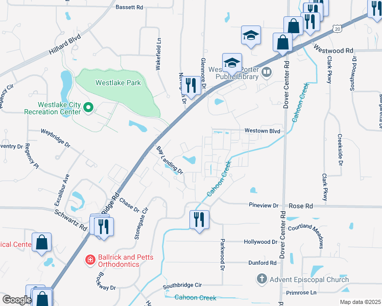 map of restaurants, bars, coffee shops, grocery stores, and more near 2880 North Bay Drive in Westlake