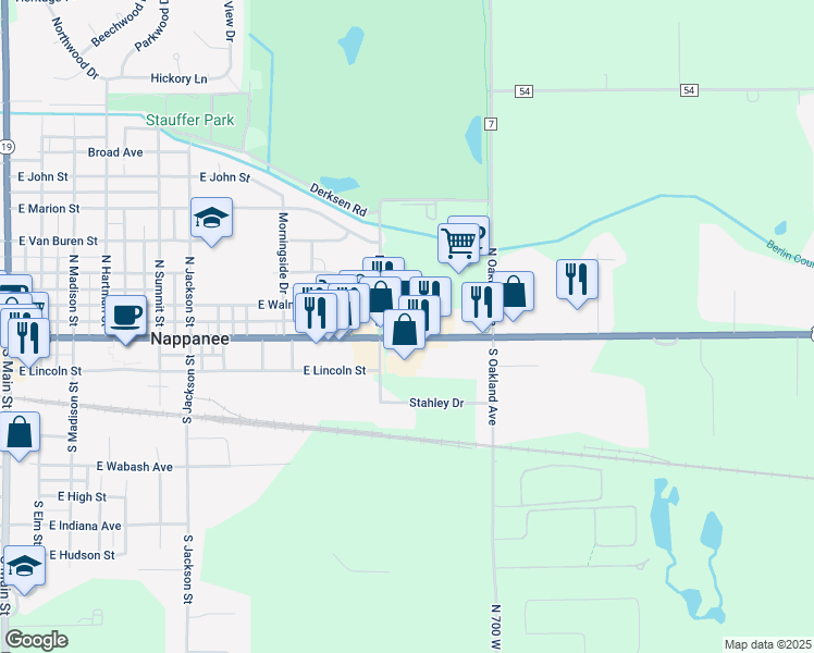 map of restaurants, bars, coffee shops, grocery stores, and more near 175 North Miriam Street in Nappanee