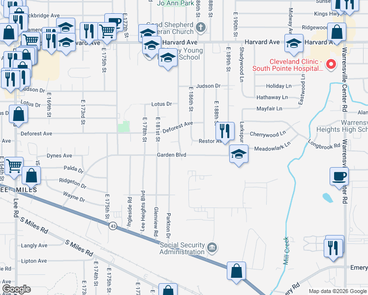 map of restaurants, bars, coffee shops, grocery stores, and more near 4229 Feiner Drive in Cleveland