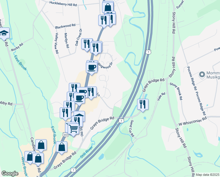 map of restaurants, bars, coffee shops, grocery stores, and more near 89 Homestead Lane in Brookfield