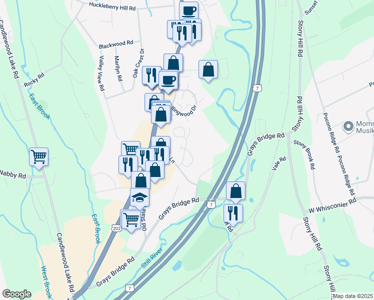 map of restaurants, bars, coffee shops, grocery stores, and more near 89 Homestead Lane in Brookfield