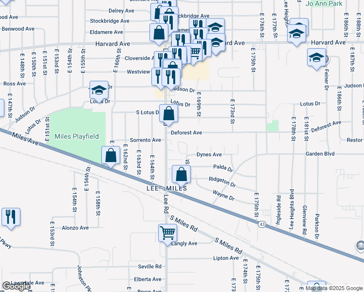 map of restaurants, bars, coffee shops, grocery stores, and more near 4255 Lee Road in Cleveland