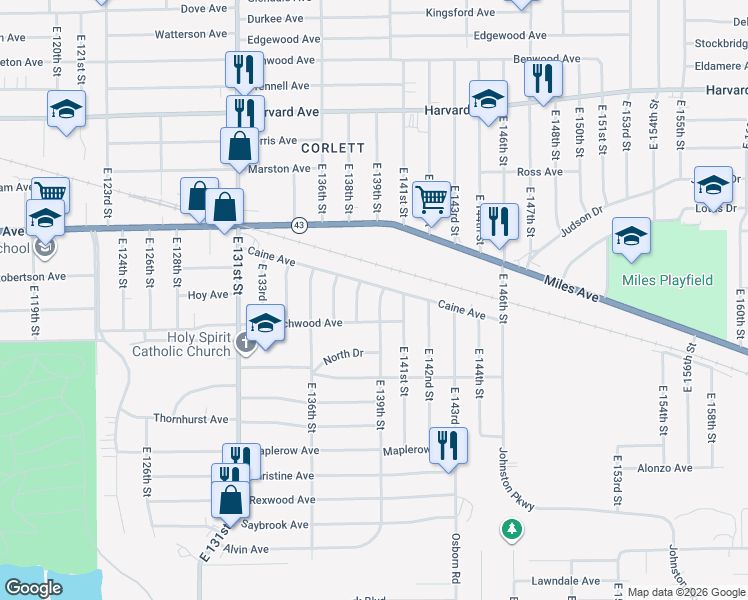 map of restaurants, bars, coffee shops, grocery stores, and more near in Cleveland