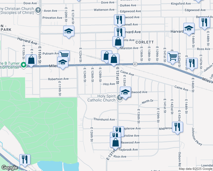 map of restaurants, bars, coffee shops, grocery stores, and more near 12909 Hoy Avenue in Cleveland