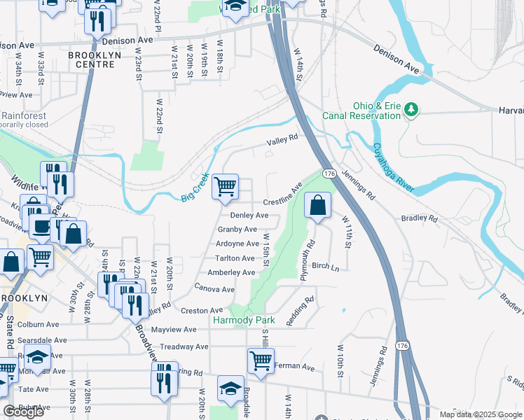 map of restaurants, bars, coffee shops, grocery stores, and more near 4040 Crest Drive in Cleveland