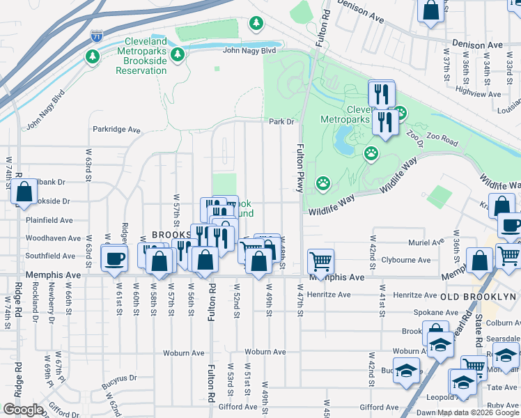 map of restaurants, bars, coffee shops, grocery stores, and more near 4153 West 49th Street in Cleveland