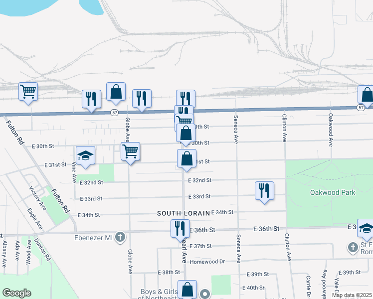 map of restaurants, bars, coffee shops, grocery stores, and more near 2944 Pearl Avenue in Lorain