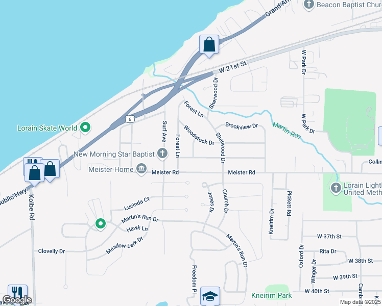 map of restaurants, bars, coffee shops, grocery stores, and more near 2903 Forest Lane in Lorain