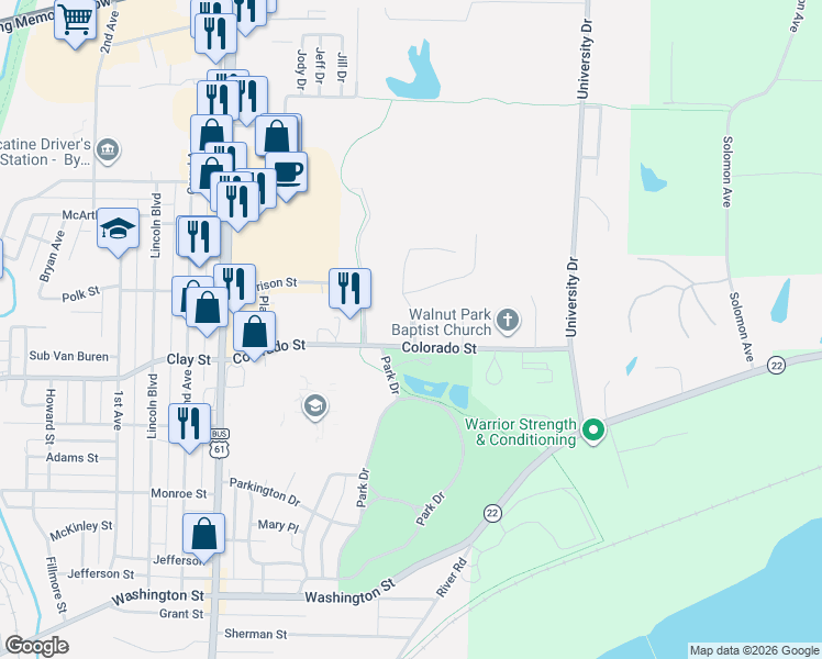 map of restaurants, bars, coffee shops, grocery stores, and more near 1803 Cobblestone Drive in Muscatine