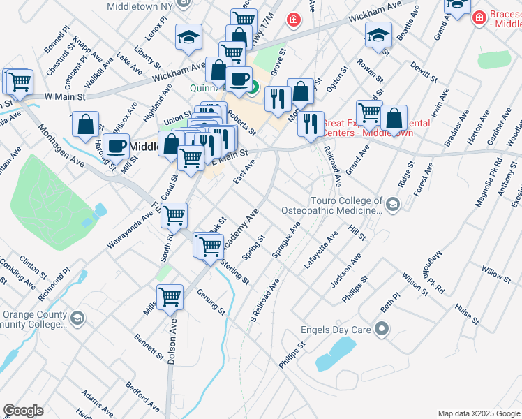 map of restaurants, bars, coffee shops, grocery stores, and more near 44 Academy Avenue in Middletown