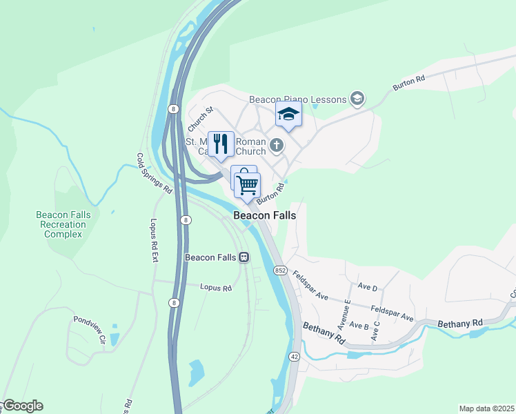map of restaurants, bars, coffee shops, grocery stores, and more near 2 North Main Street in Beacon Falls