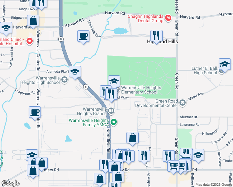 map of restaurants, bars, coffee shops, grocery stores, and more near 21865 Clarkwood Parkway in Warrensville Heights