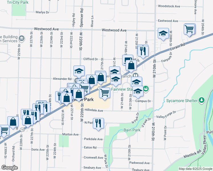 map of restaurants, bars, coffee shops, grocery stores, and more near 21593 Lorain Road in Fairview Park