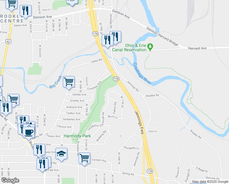 map of restaurants, bars, coffee shops, grocery stores, and more near 4105 West 11th Street in Cleveland