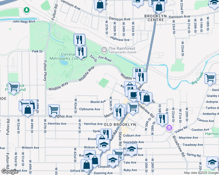 map of restaurants, bars, coffee shops, grocery stores, and more near 3744 Broadview Road in Cleveland