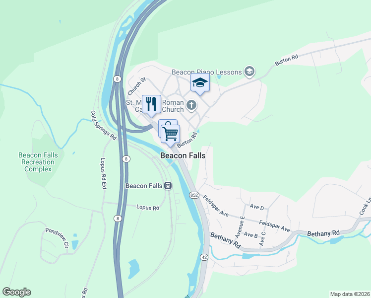 map of restaurants, bars, coffee shops, grocery stores, and more near 10 North Main Street in Beacon Falls