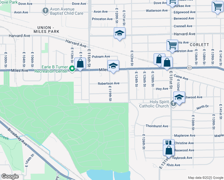map of restaurants, bars, coffee shops, grocery stores, and more near 4277 East 119th Street in Cleveland