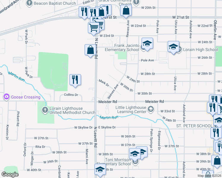 map of restaurants, bars, coffee shops, grocery stores, and more near 2010 Mark Drive in Lorain