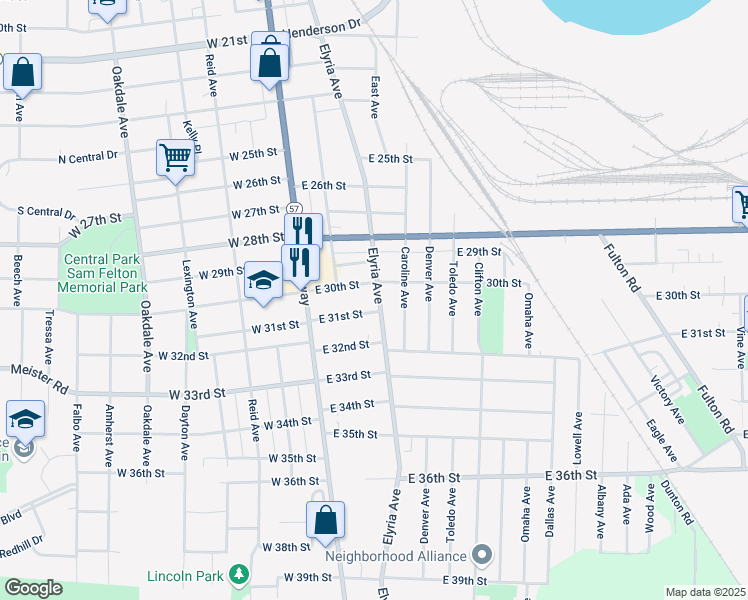 map of restaurants, bars, coffee shops, grocery stores, and more near 3034 Elyria Avenue in Lorain