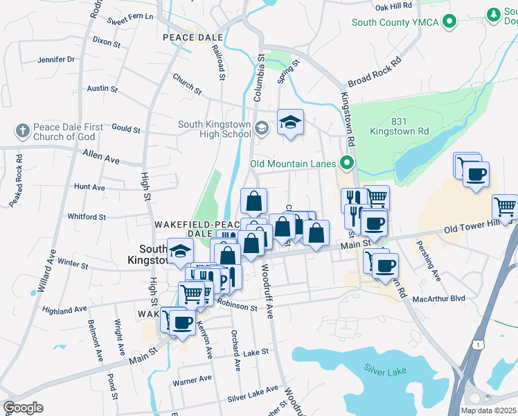 map of restaurants, bars, coffee shops, grocery stores, and more near 81 Columbia Street in South Kingstown