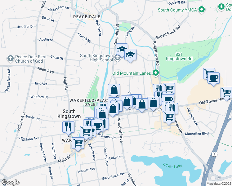 map of restaurants, bars, coffee shops, grocery stores, and more near 81 Columbia Street in South Kingstown