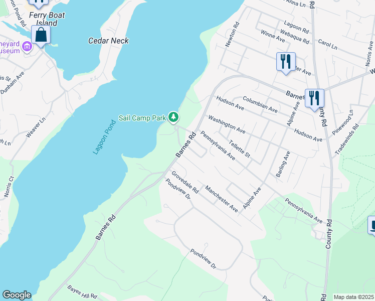 map of restaurants, bars, coffee shops, grocery stores, and more near 7 Isaac Avenue in Oak Bluffs