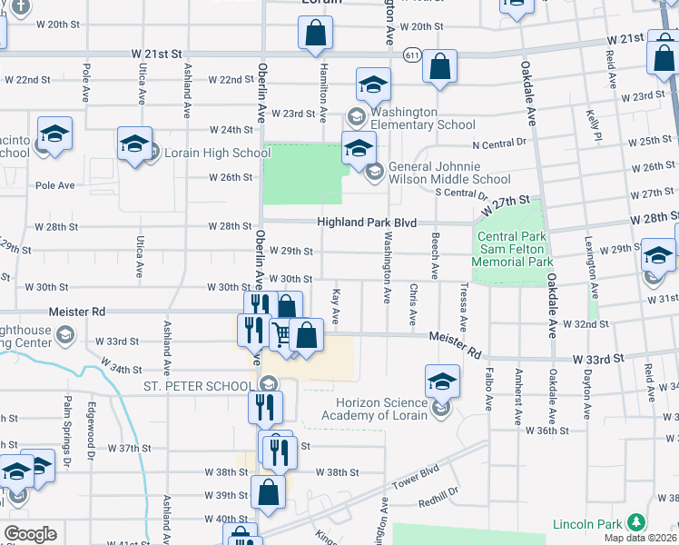 map of restaurants, bars, coffee shops, grocery stores, and more near 1046 West 30th Street in Lorain