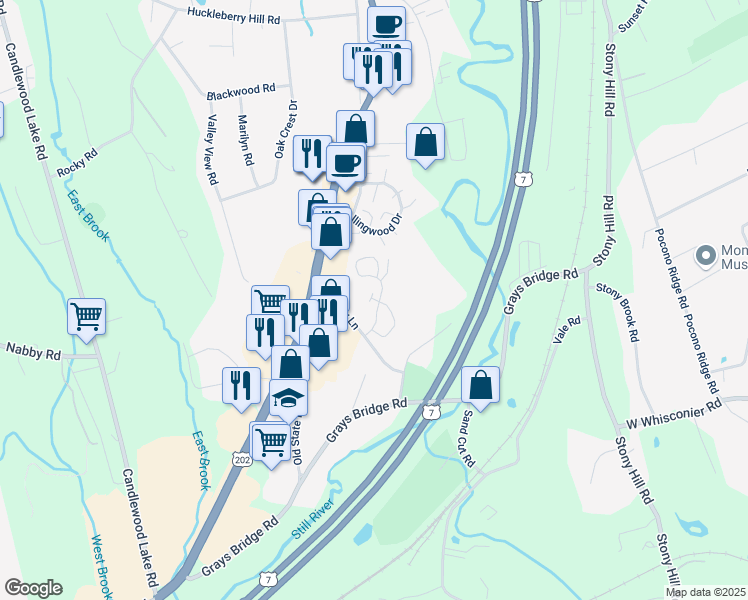 map of restaurants, bars, coffee shops, grocery stores, and more near 102 Homestead Lane in Brookfield