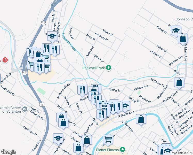 map of restaurants, bars, coffee shops, grocery stores, and more near 451 Leggett Street in Scranton