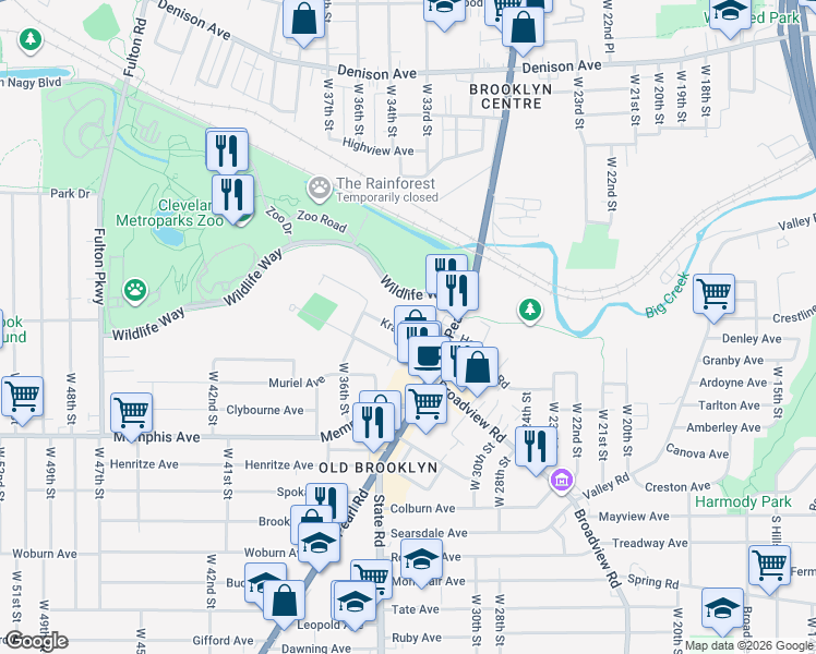 map of restaurants, bars, coffee shops, grocery stores, and more near 3520 Krather Road in Cleveland