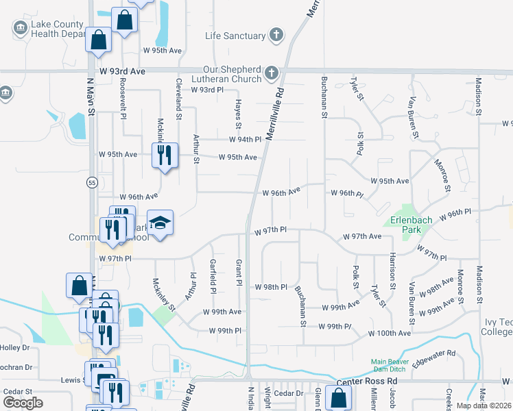 map of restaurants, bars, coffee shops, grocery stores, and more near in Crown Point