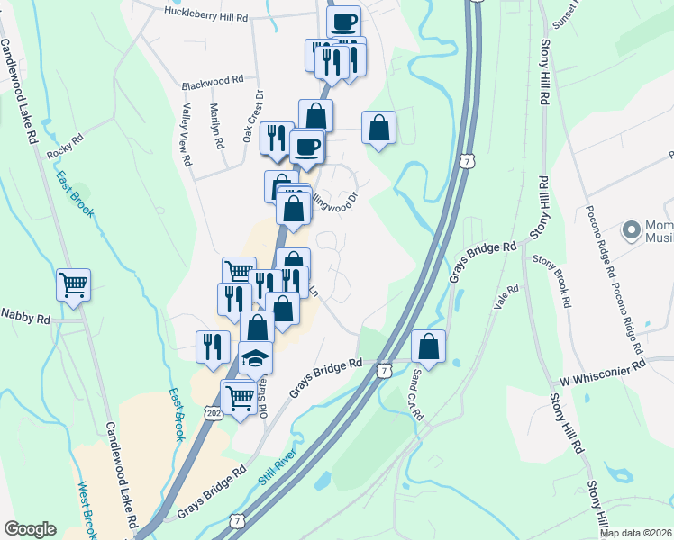 map of restaurants, bars, coffee shops, grocery stores, and more near 81 Homestead Lane in Brookfield