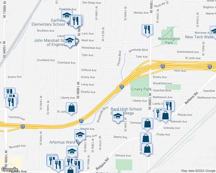 map of restaurants, bars, coffee shops, grocery stores, and more near 13529 Leroy Avenue in Cleveland