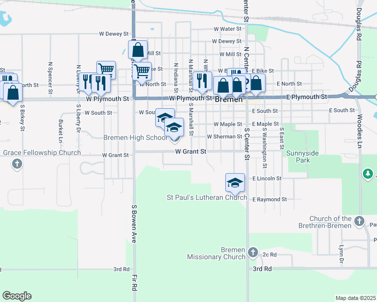 map of restaurants, bars, coffee shops, grocery stores, and more near 511 West Grant Street in Bremen