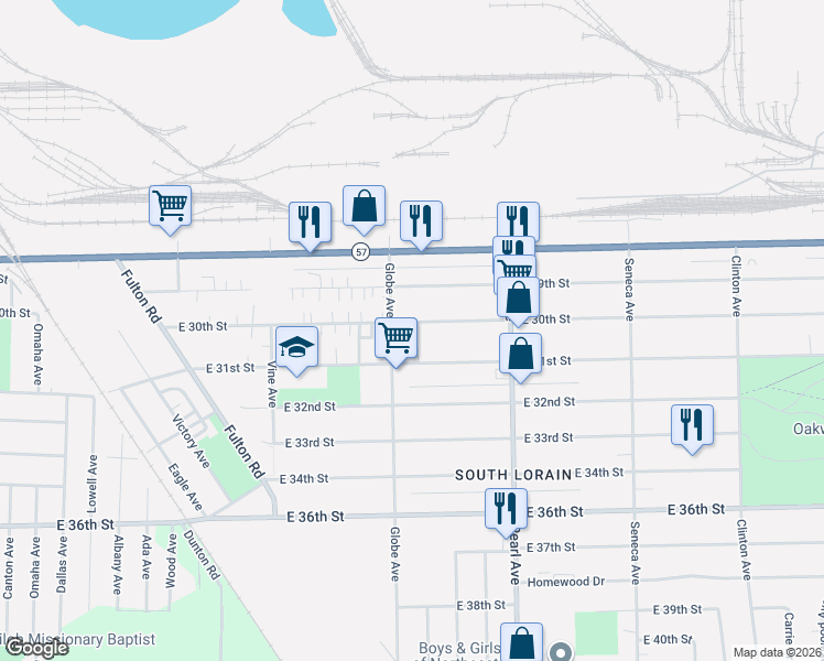 map of restaurants, bars, coffee shops, grocery stores, and more near 1725 East 30th Street in Lorain