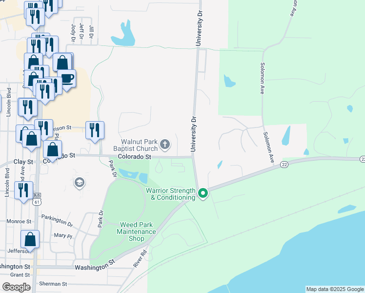 map of restaurants, bars, coffee shops, grocery stores, and more near 401 Colorado Street in Muscatine